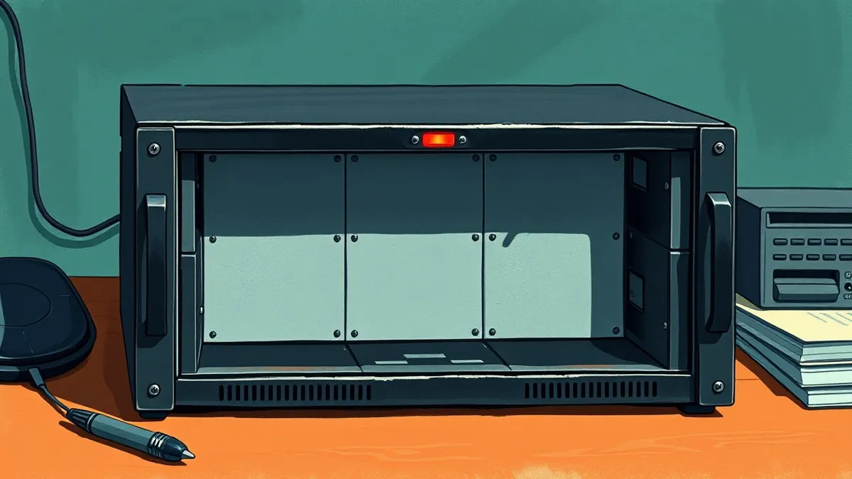 Illustration: A sleek black security gateway device sits on a desk with its front panel removed, exposing empty circuit board slots.