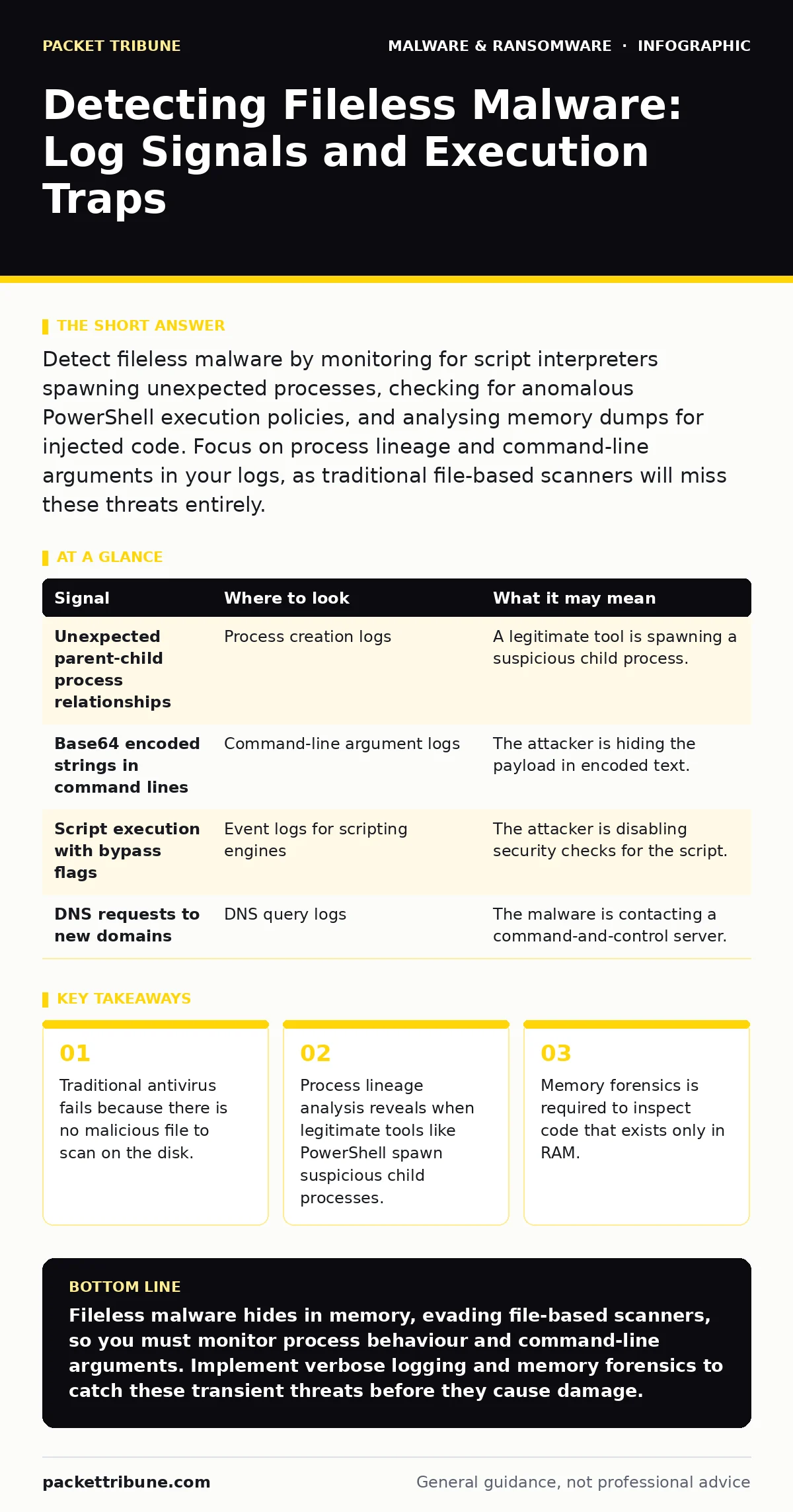 Infographic: Detecting Fileless Malware: Log Signals and Execution Traps. Traditional antivirus fails because there is no malicious file to scan on the disk. Process lineage analysis reveals when legitimate tools like PowerShell spawn suspicious child processes. Memory forensics is required to inspe