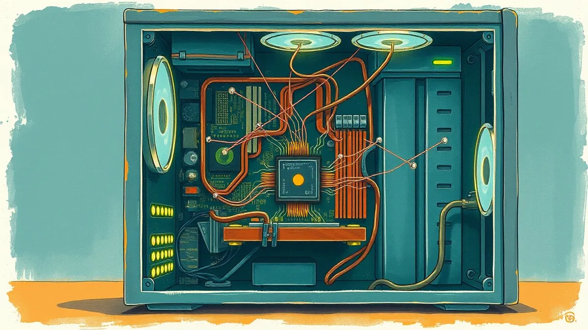 Illustration: A transparent desktop computer case reveals glowing circuit boards inside, with faint, ghostly shapes of code weaving through the air around the hardware.