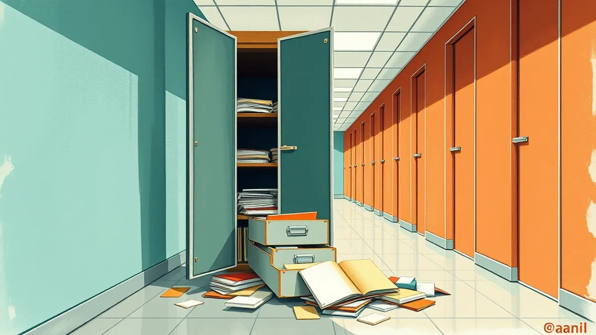 Illustration: A transparent glass door stands slightly ajar in a sterile office hallway, revealing an open filing cabinet with drawers pulled out.