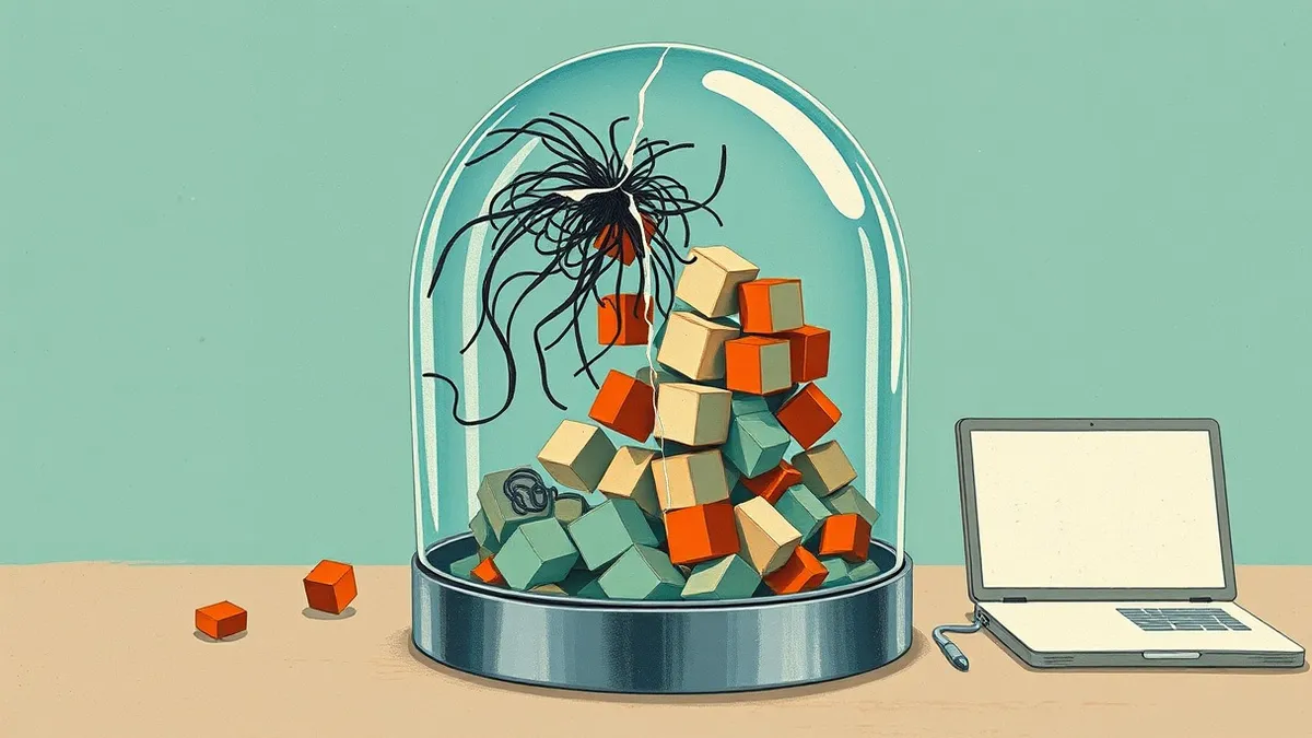 Illustration: A transparent glass dome rests on a metallic base, separating a chaotic swirl of abstract geometric shapes below from a clean, ordered arrangement of floating cubes a