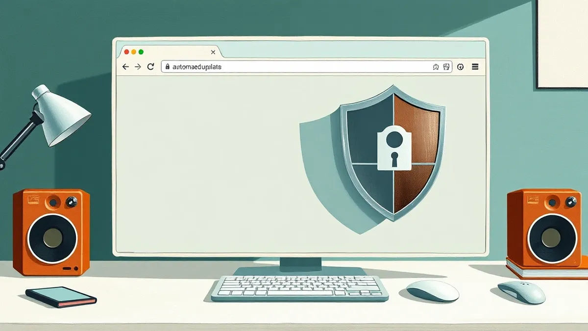 Illustration: A modern web browser window sits open on a clean desk, its interface displaying only soft, abstract geometric shapes.
