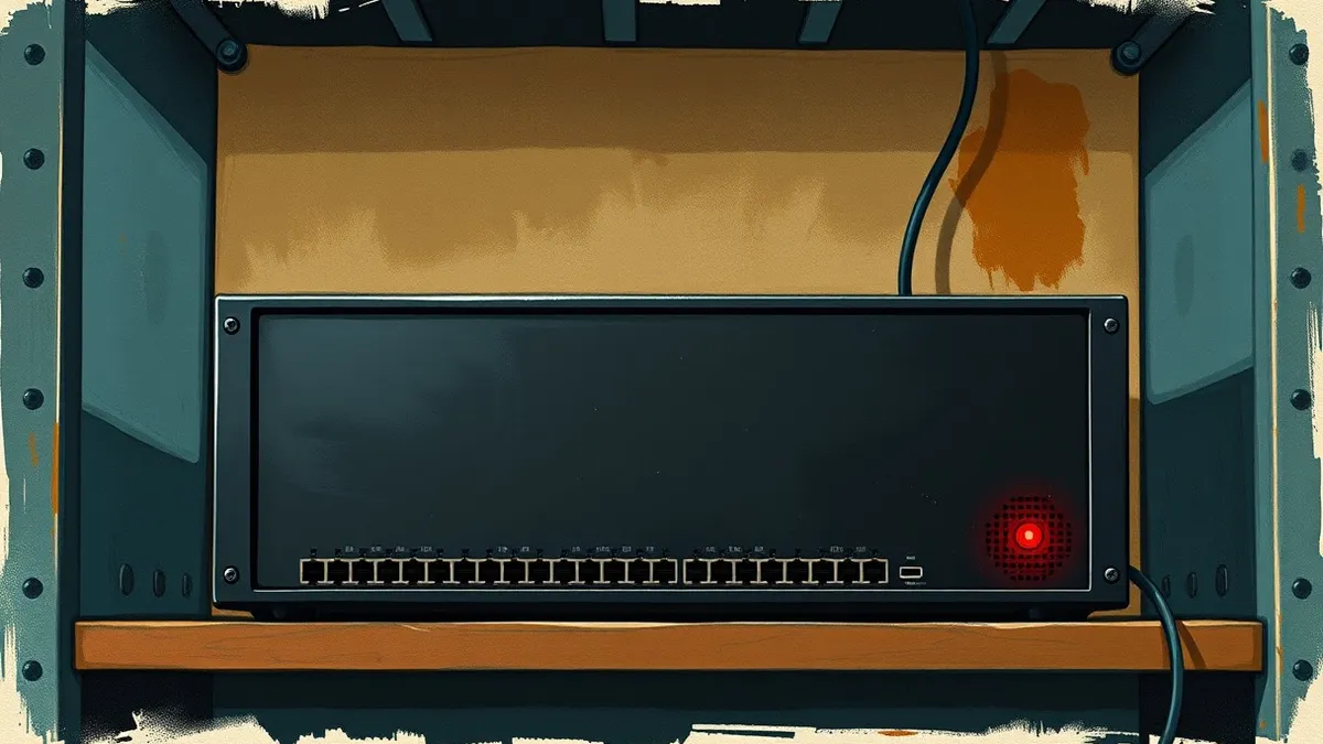Illustration: A sleek black network appliance sits on a dusty server shelf, its blank front panel reflecting harsh overhead light.