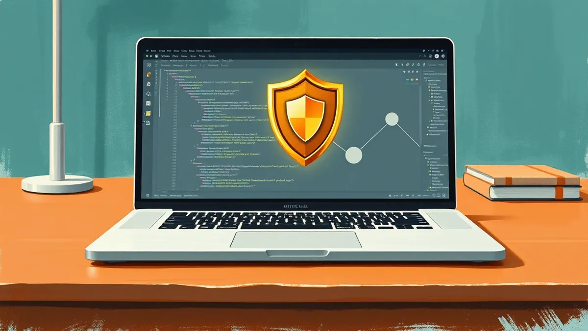 Illustration: A sleek laptop sits on a wooden desk, its screen displaying a clean software development interface with blank code lines and abstract geometric shapes.
