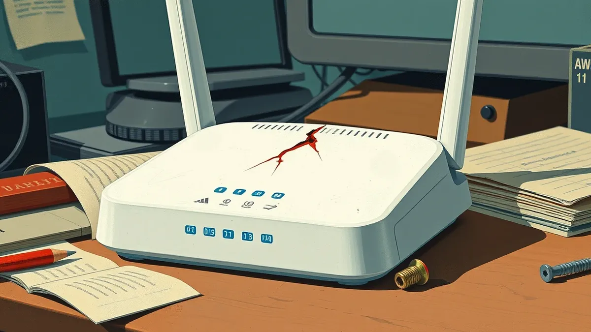 Illustration: A white wireless router sits on a cluttered desk, its small blue status lights blinking steadily.