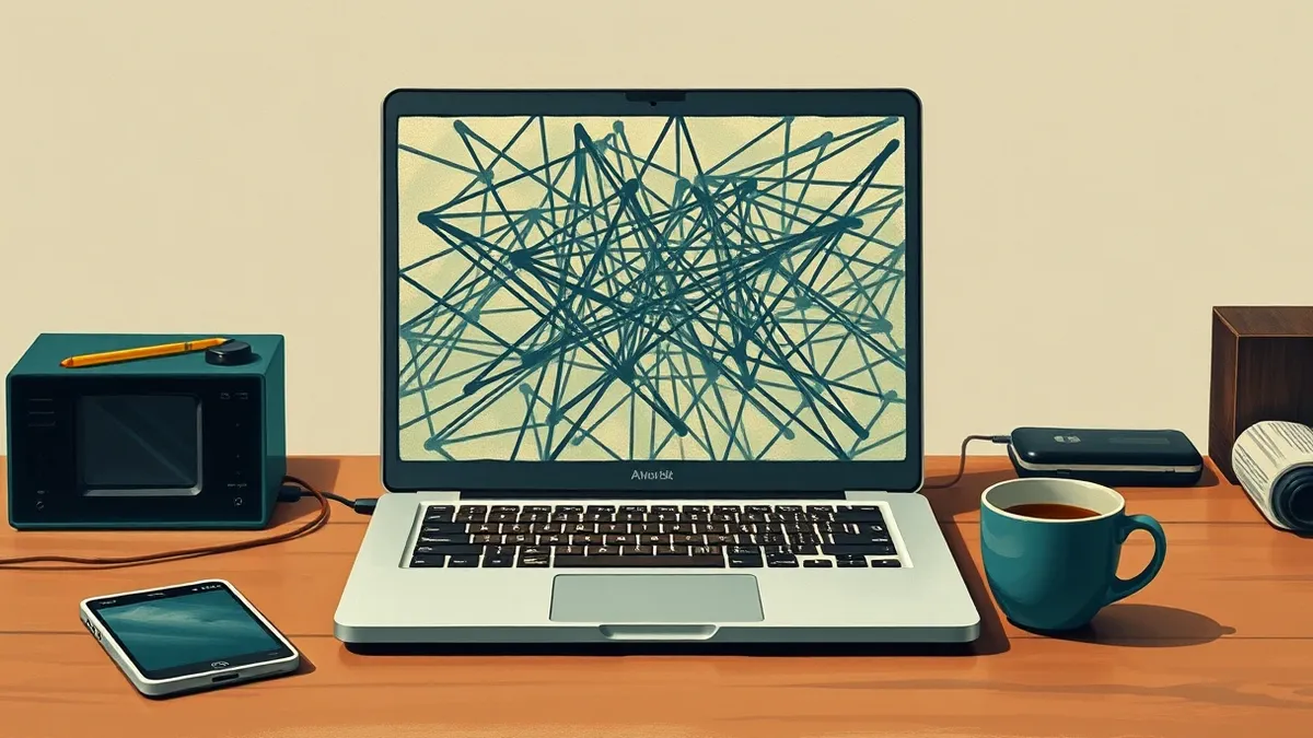 Illustration: A laptop sits on a wooden desk with its screen displaying a chaotic tangle of overlapping geometric shapes.