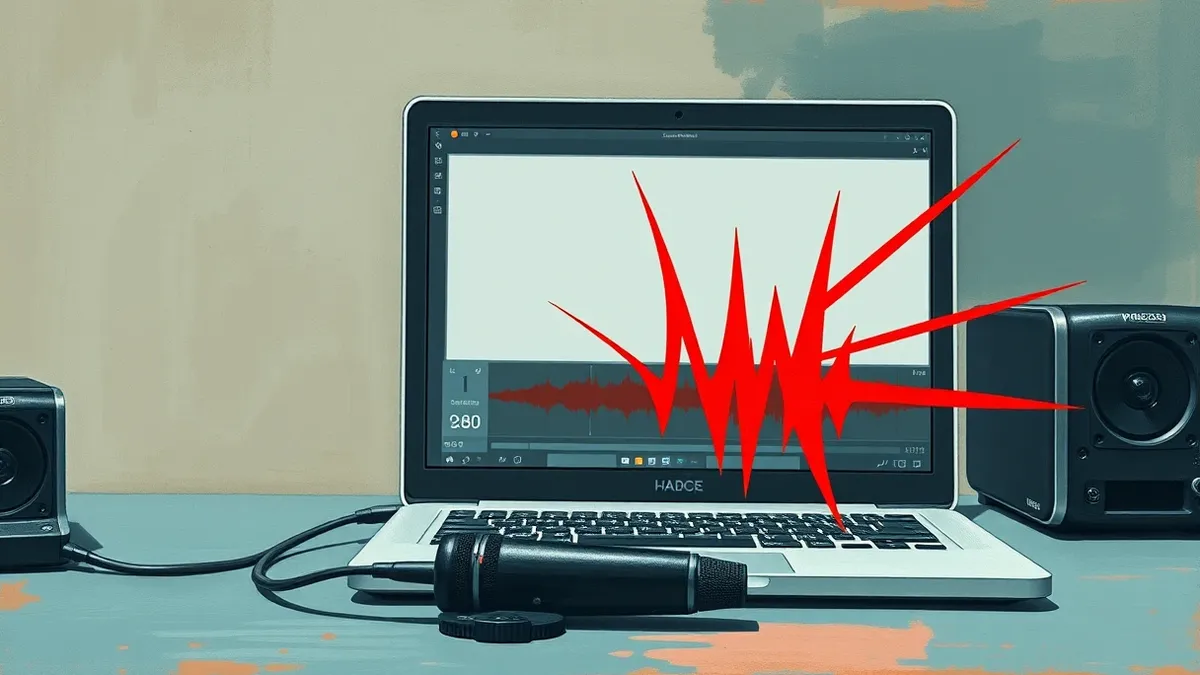 Illustration: A sleek black microphone sits on a desk beside a laptop displaying a blank audio waveform editor.