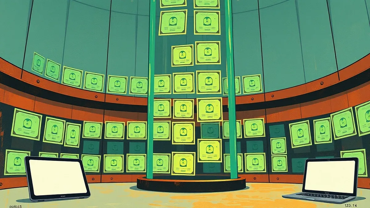 Illustration: A transparent glass tower displays rows of glowing green certificates that rise in a continuous chain.