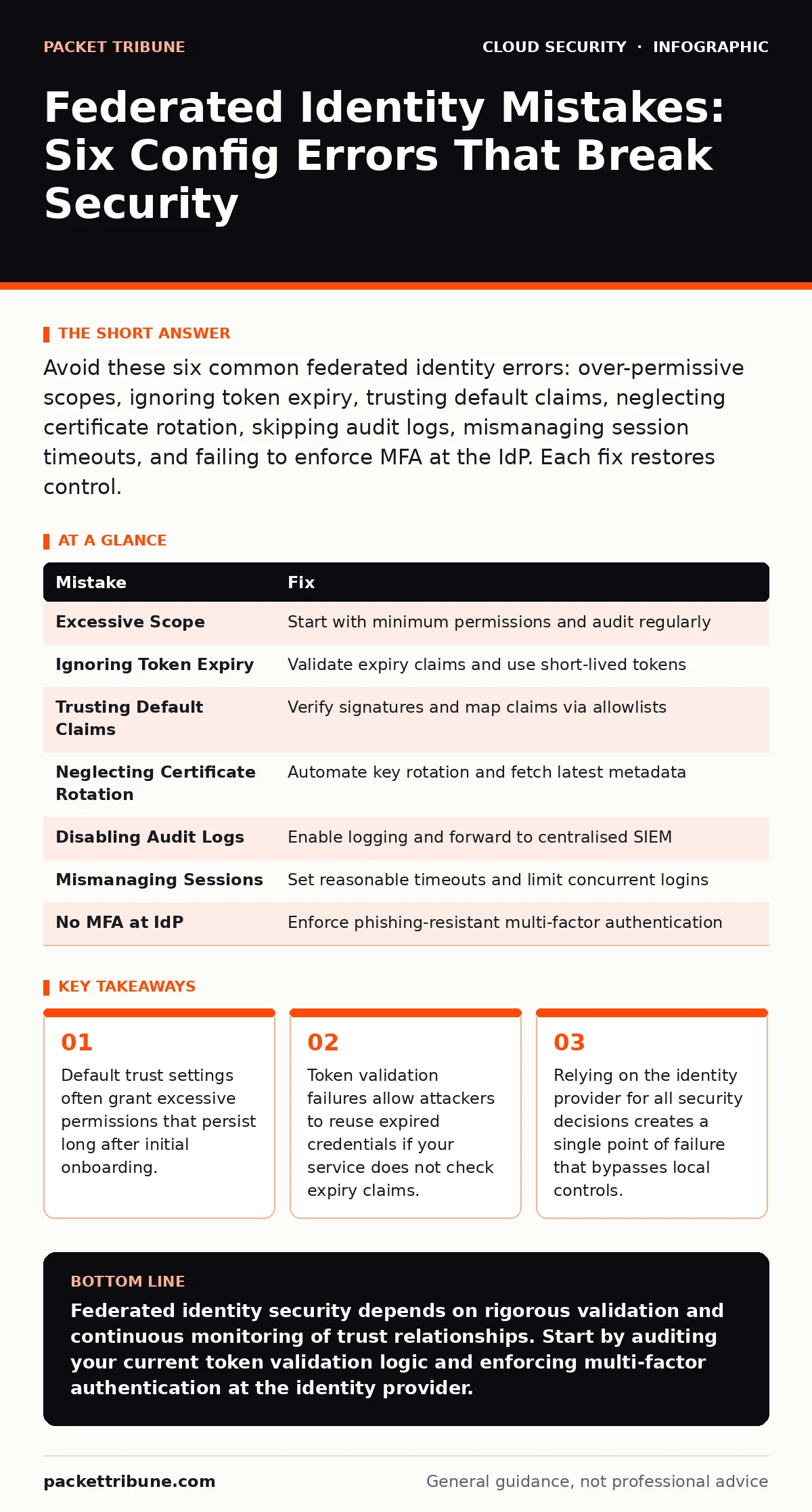 Infographic: Federated Identity Mistakes: Six Config Errors That Break Security. Default trust settings often grant excessive permissions that persist long after initial onboarding. Token validation failures allow attackers to reuse expired credentials if your service does not check expiry claims. R