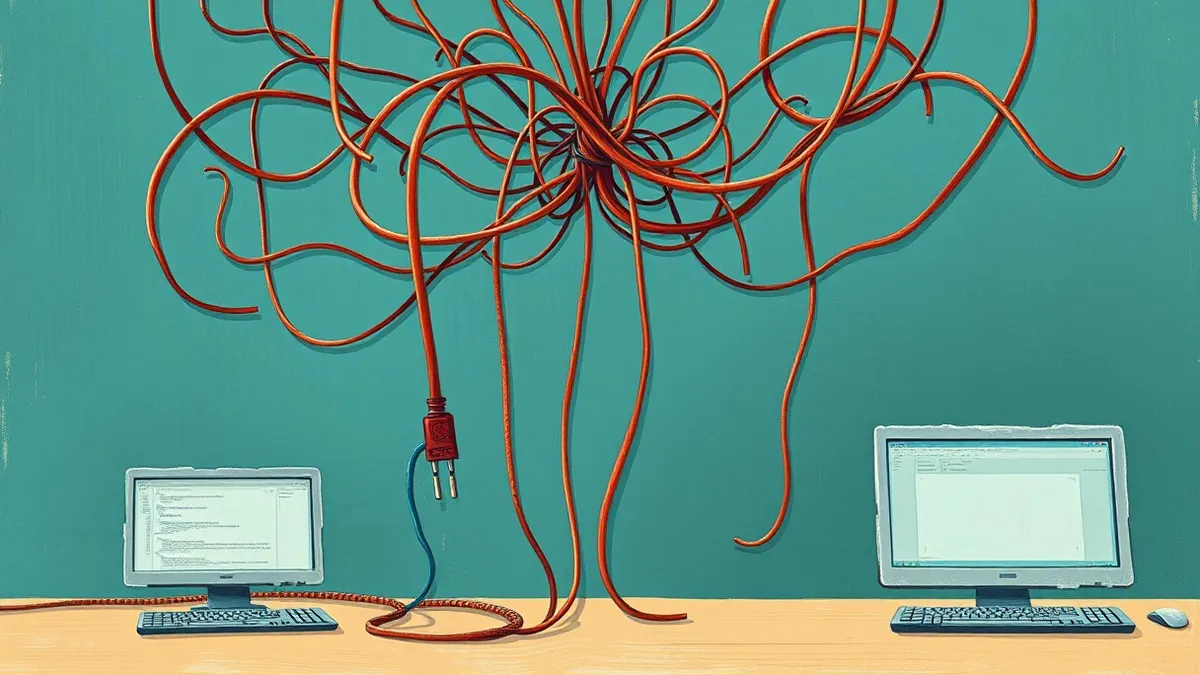 Illustration: A tangled web of loose wires connects several blank server nodes, forming a fragile and open mesh.