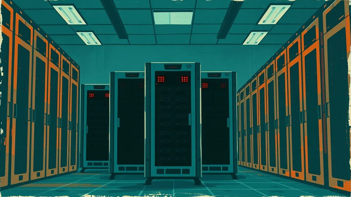 Illustration: A row of identical server racks sits in a dim, empty data hall.