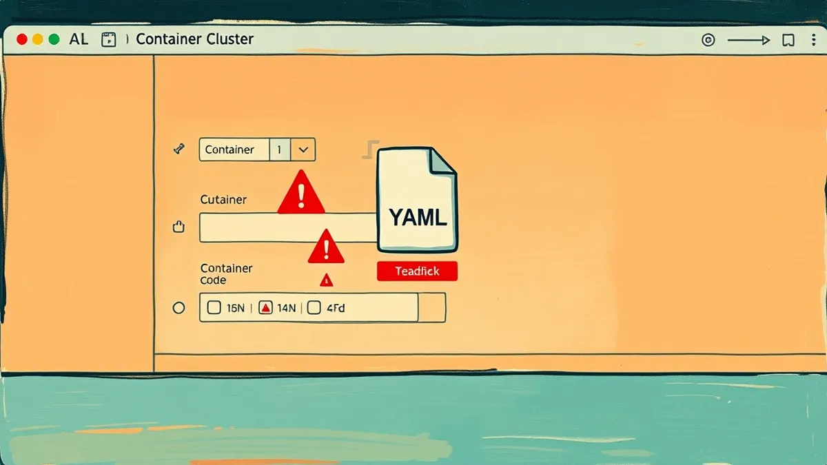 Illustration: A generic software interface displays a blank configuration panel where a simple YAML file icon floats above a container cluster symbol.