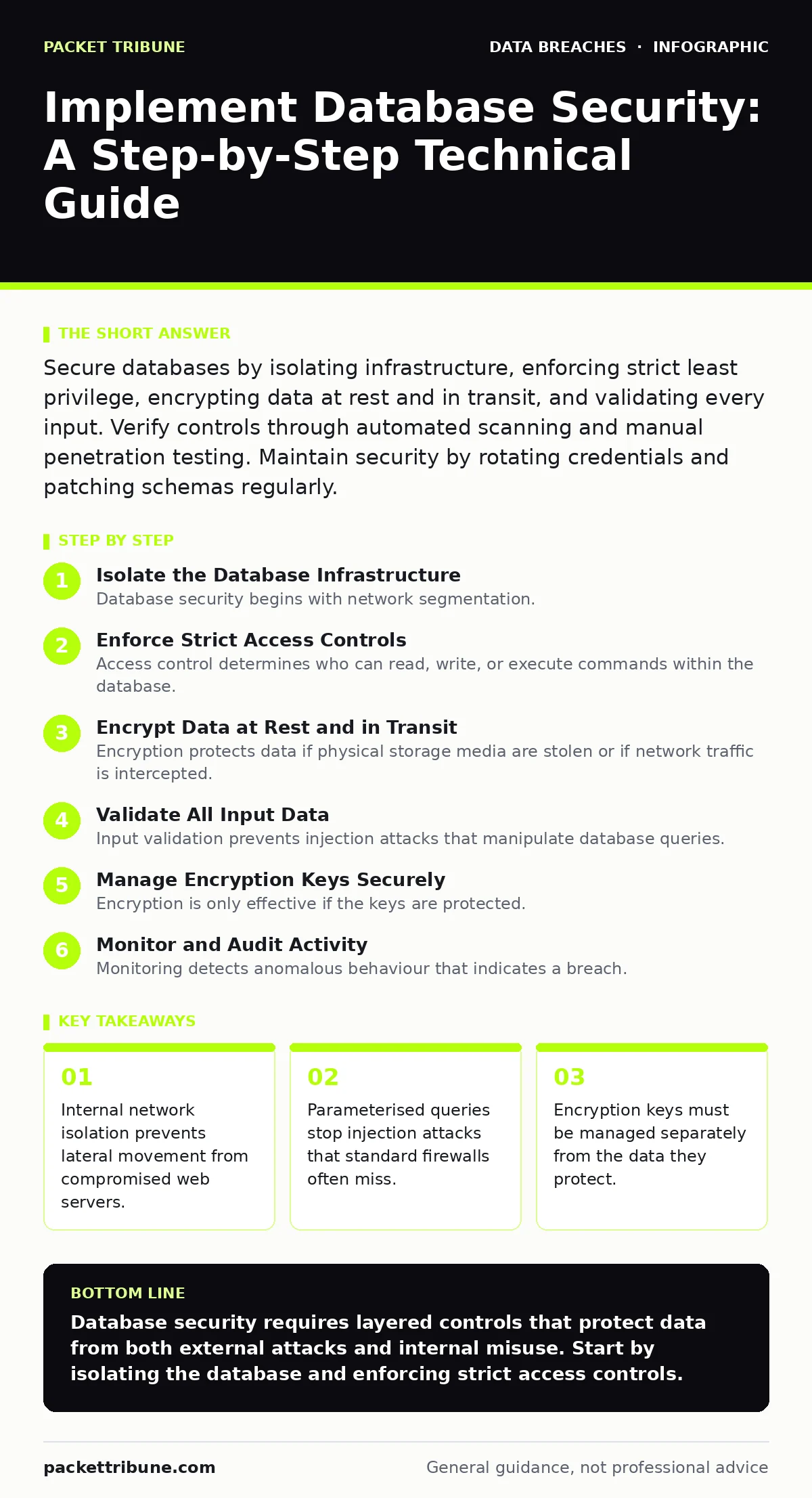 Infographic: Implement Database Security: A Step-by-Step Technical Guide. Internal network isolation prevents lateral movement from compromised web servers. Parameterised queries stop injection attacks that standard firewalls often miss. Encryption keys must be managed separately from the data they
