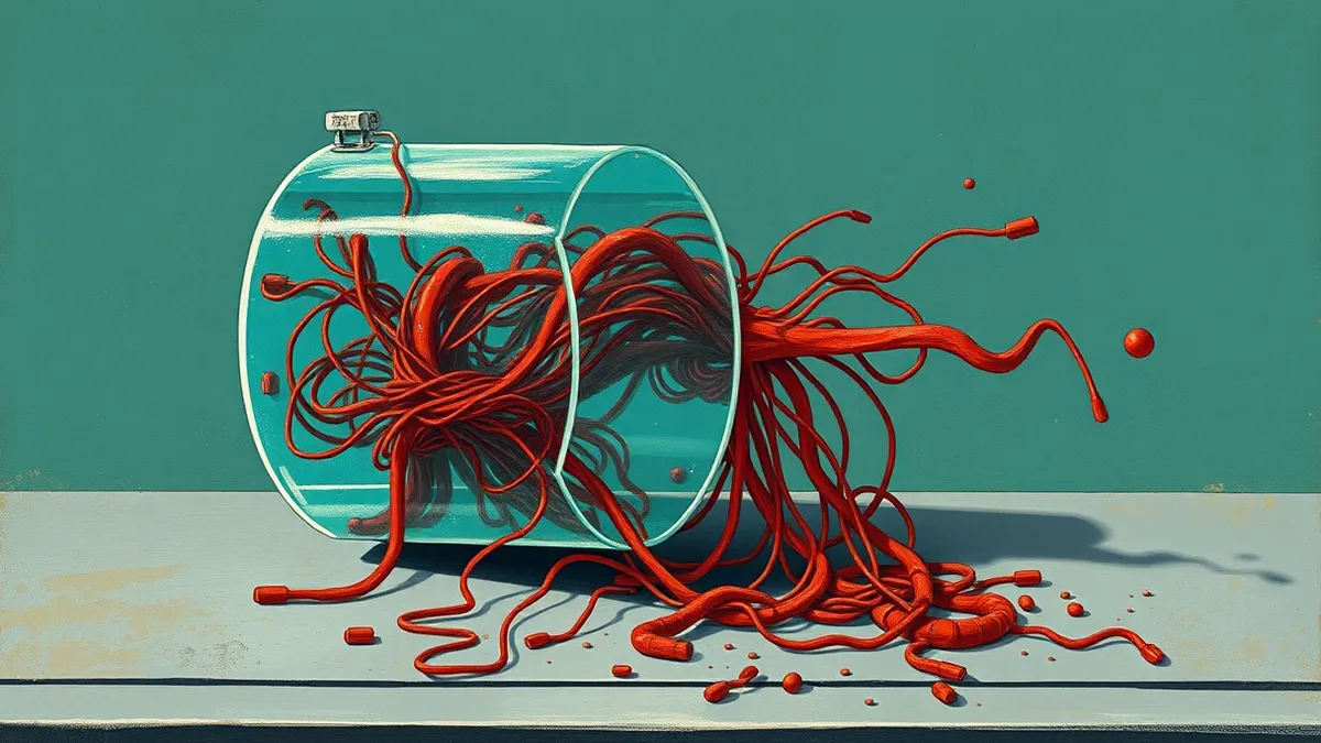 Illustration: A translucent database cylinder sits on a metal table, its interior filled with tangled, glowing red threads representing flawed logic.