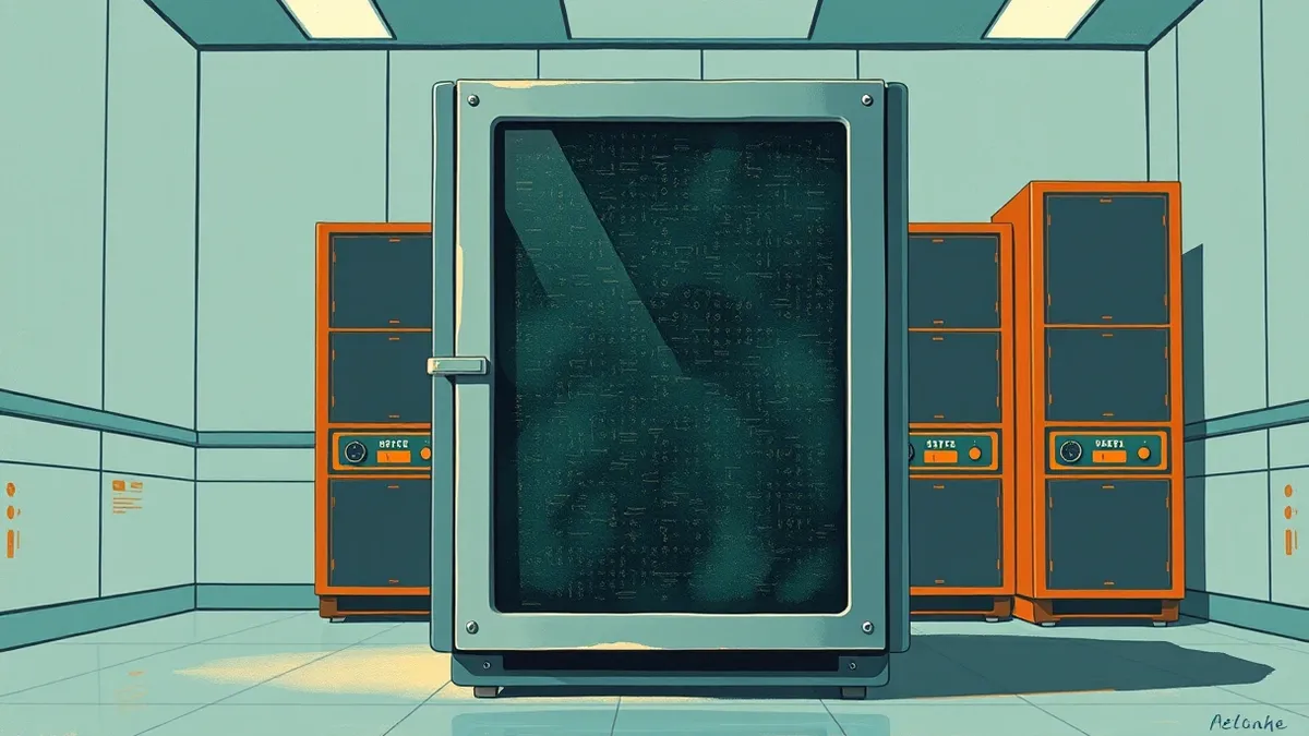 Illustration: A sleek, metallic mainframe server sits in a sterile room.