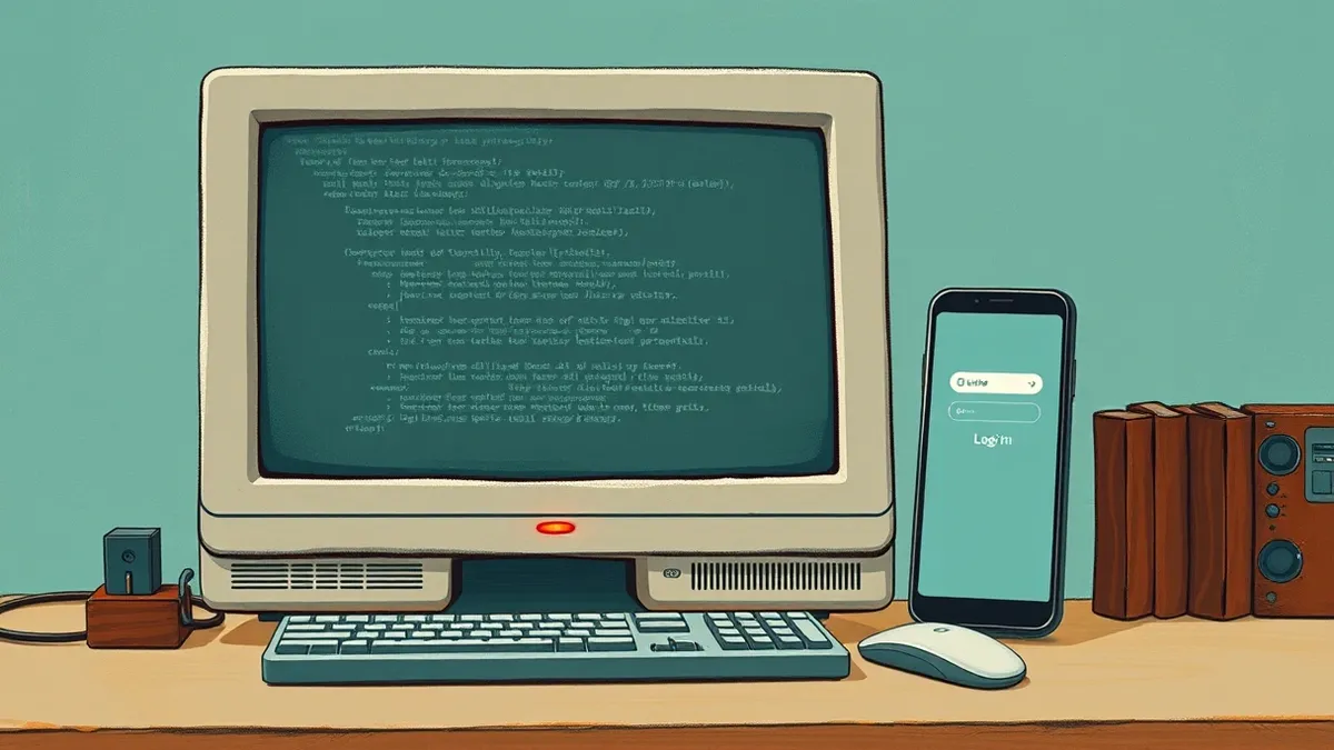 Illustration: A generic desktop computer sits on a desk with a blank monitor displaying an abstract command-line interface.