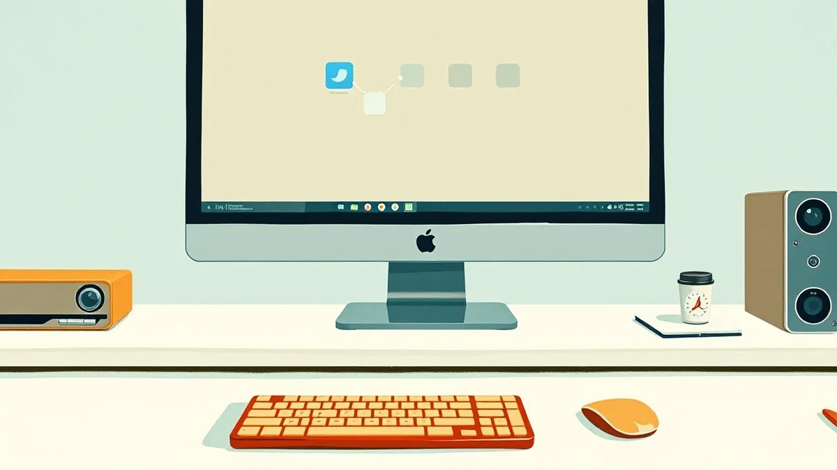 Illustration: A sleek desktop computer sits on a clean white desk, its monitor displaying a simplified task manager interface with several small, abstract rectangular icons cluster