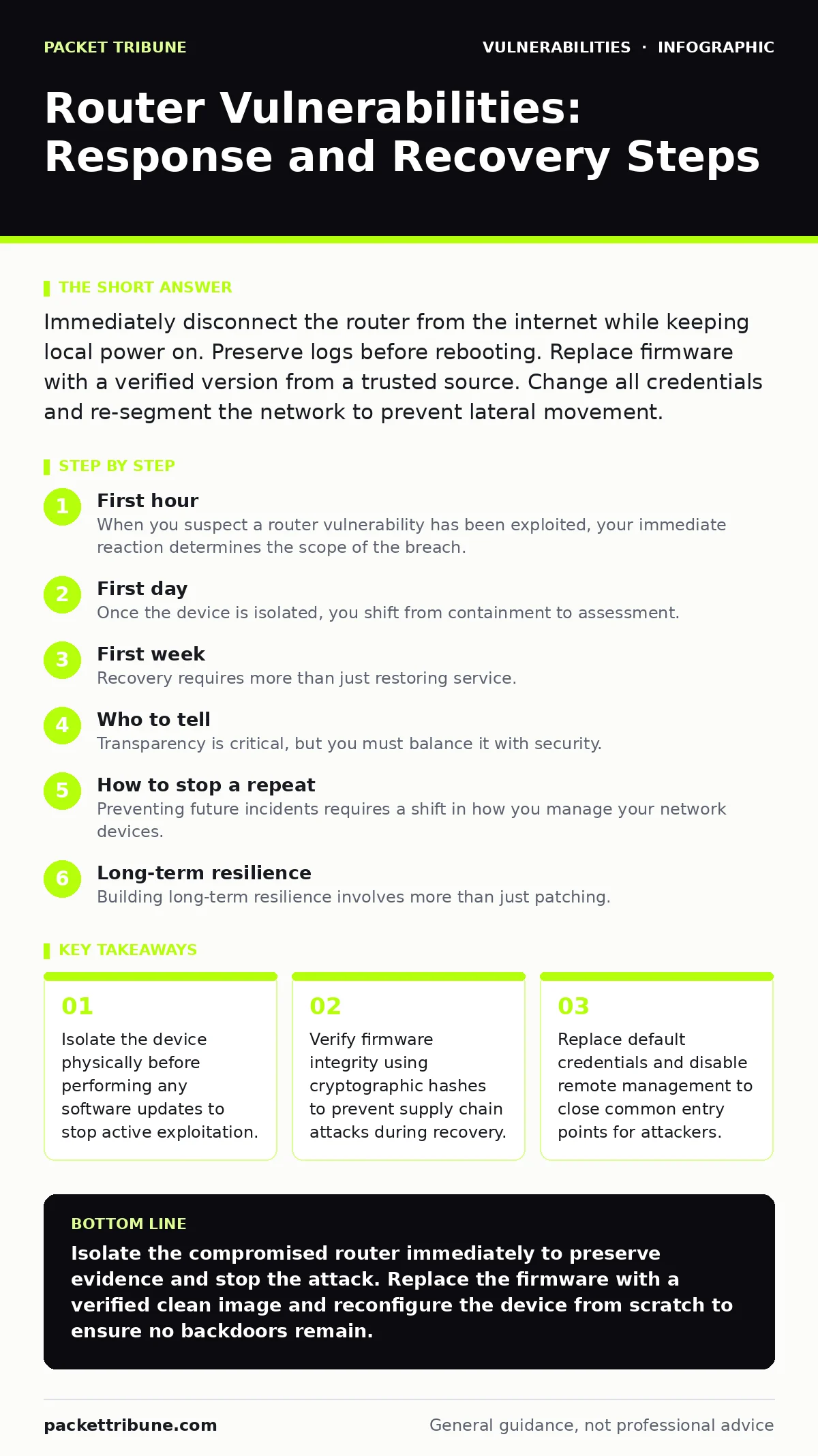Infographic: Router Vulnerabilities: Response and Recovery Steps. Isolate the device physically before performing any software updates to stop active exploitation. Verify firmware integrity using cryptographic hashes to prevent supply chain attacks during recovery. Replace default credentials and di