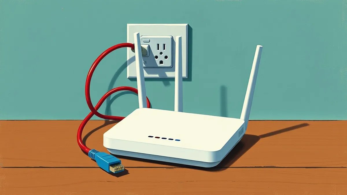 Illustration: A white residential router sits on a wooden table with a thick red cord unplugged from its wall socket.