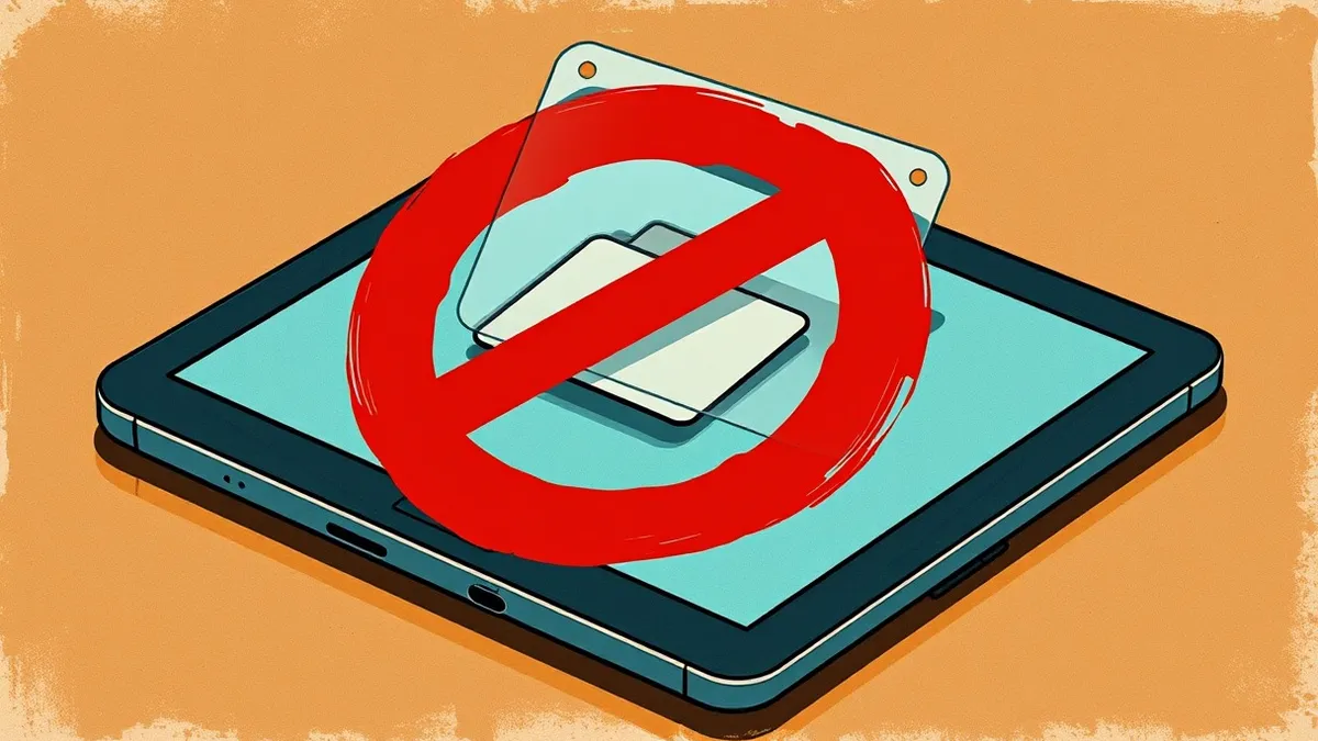 Illustration: A sleek tablet rests on a wooden desk, its screen displaying a single bold red prohibition symbol over a generic folder icon.