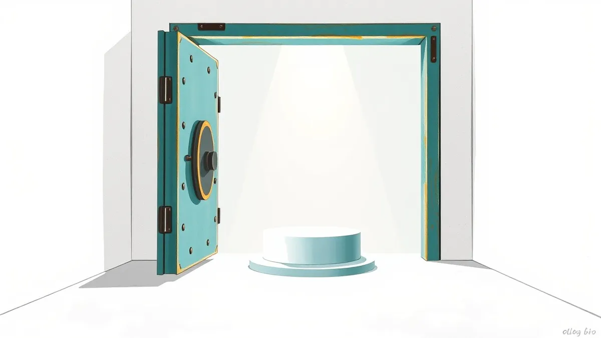 Illustration: A sturdy metal vault door stands slightly ajar in a minimalist white room.