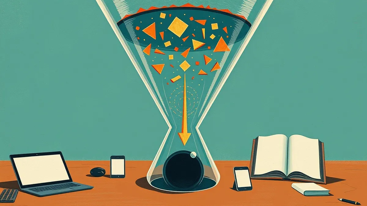 Illustration: A large, transparent glass funnel dominates the scene, capturing scattered, glowing geometric shards from above.
