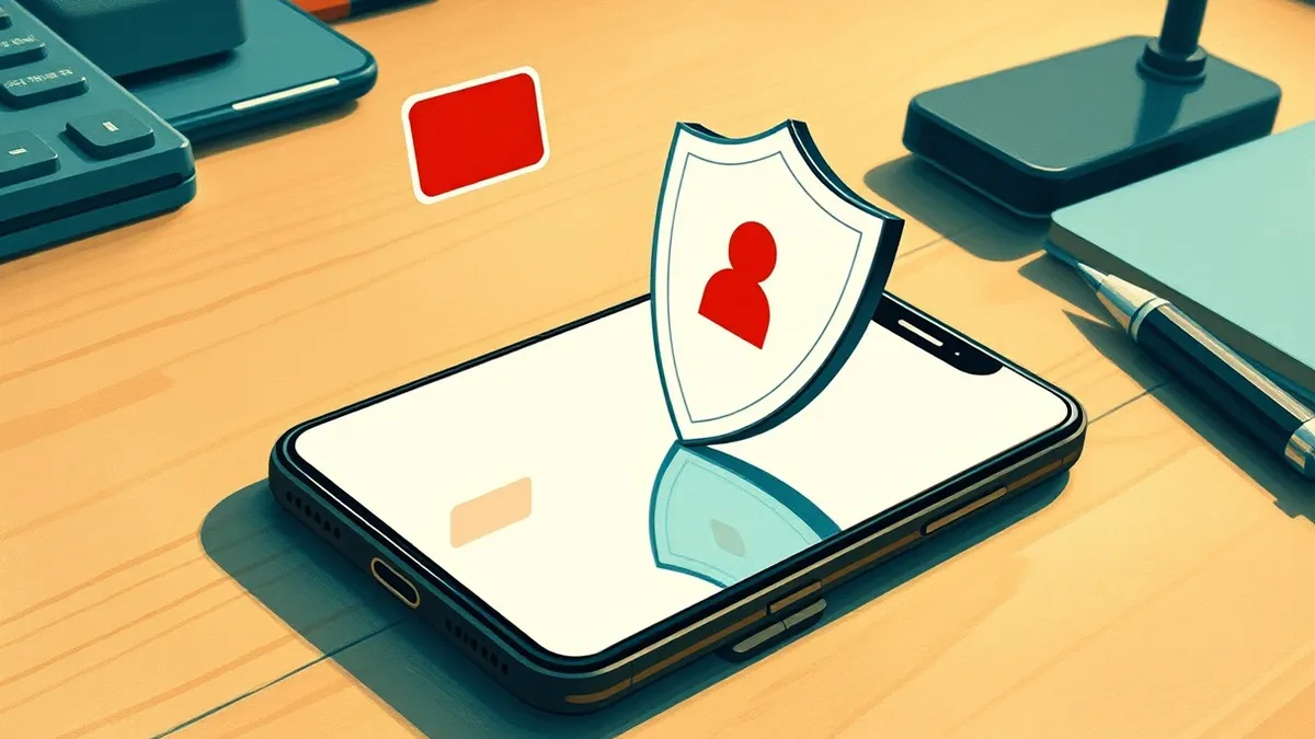 Illustration: A sleek smartphone rests on a wooden desk, its blank screen reflecting a soft overhead light.