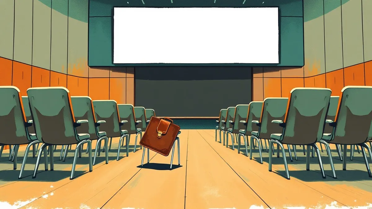 Illustration: A sleek conference hall floor features rows of empty chairs facing a blank stage, with a solitary leather portfolio resting on one seat to symbolize the missing inves