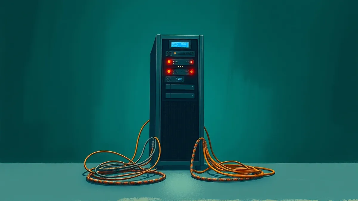 Illustration: A sleek server tower sits isolated in a dark room, its status lights flickering erratically.