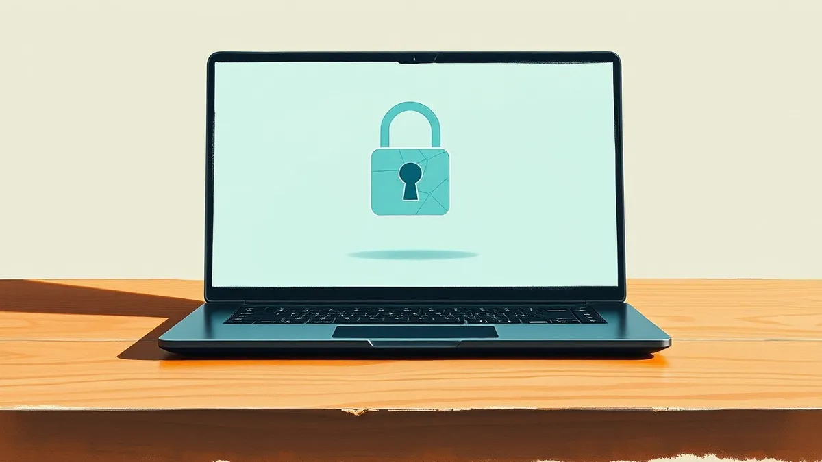 Illustration: A sleek black laptop rests on a plain wooden desk, its screen displaying only soft geometric shapes.