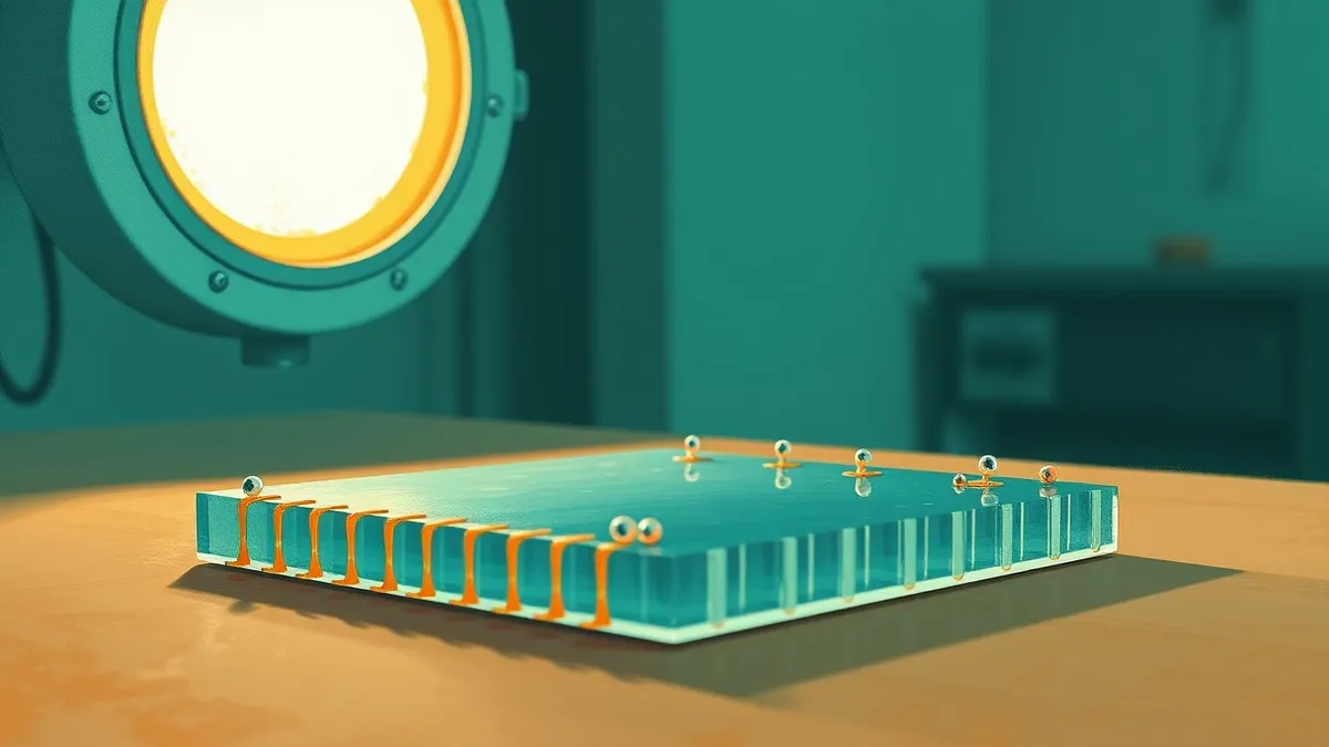 Illustration: A pristine wafer of two-dimensional semiconductor material rests under the soft glow of a cleanroom lamp.