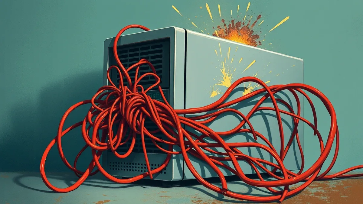 Illustration: A tangled knot of red wires chokes around a sleek silver server blade, straining against its chassis.