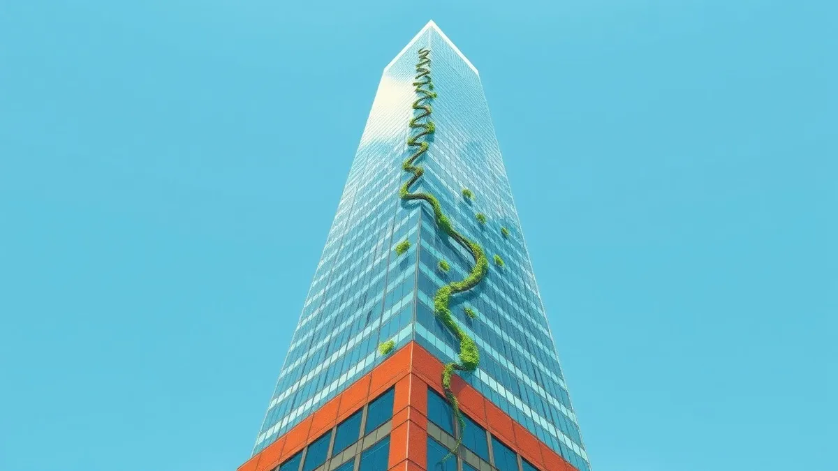 Illustration: A sleek, modern glass skyscraper rises sharply against a clear blue sky, its facade reflecting sunlight.