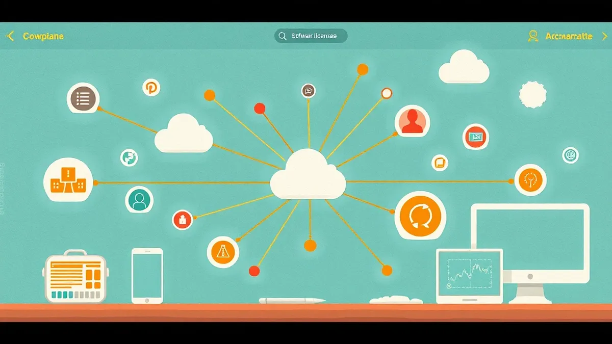 Illustration: A flat, organized digital interface displays interconnected nodes representing software licenses and cloud services.