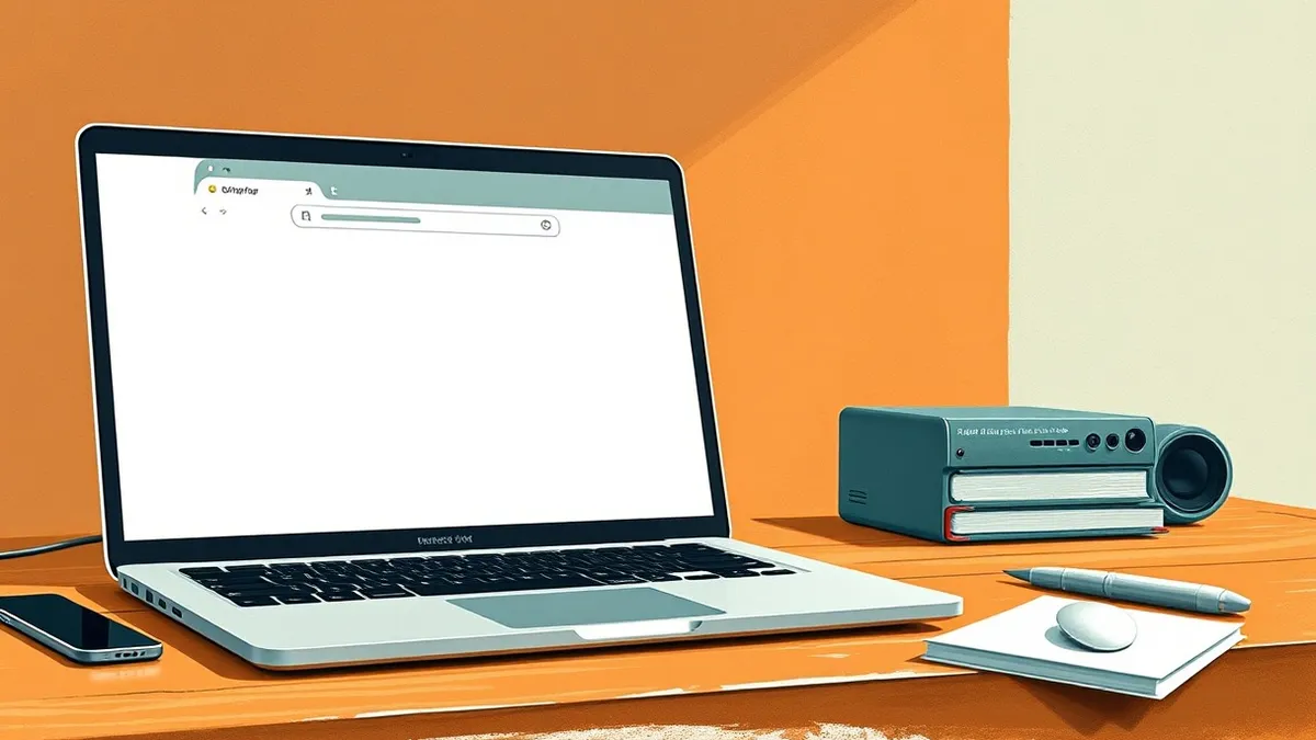 Illustration: A sleek silver laptop sits on a wooden desk with its screen displaying a blank web browser window.