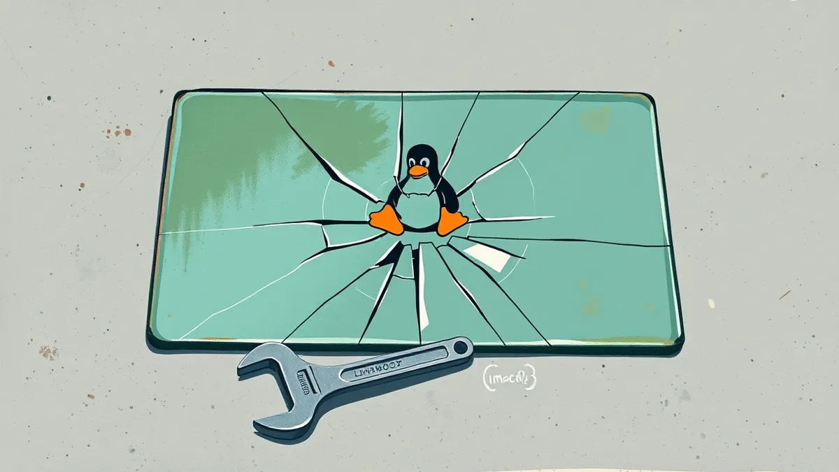 Illustration: A cracked glass pane sits on a neutral gray surface, reflecting three distinct, abstract geometric shapes representing Windows, Linux, and macOS platforms.