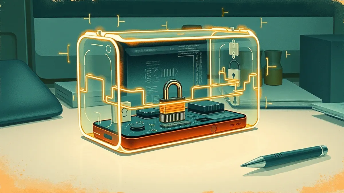 Illustration: A smartphone rests on a clean desk, encased in a translucent digital shell that locks around its hardware.