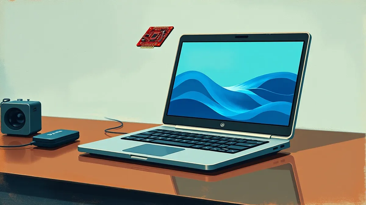 Illustration: A sleek, metallic portable computer sits open on a polished desk.