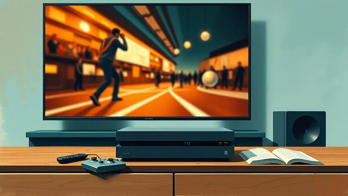 Illustration: A modern gaming console sits on a wooden table next to a large television displaying a blurred action scene with realistic lighting effects.