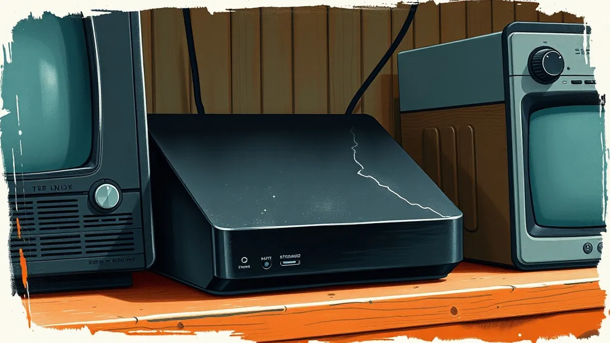 Illustration: A small, square black streaming box rests on a wooden shelf alongside other outdated electronics.