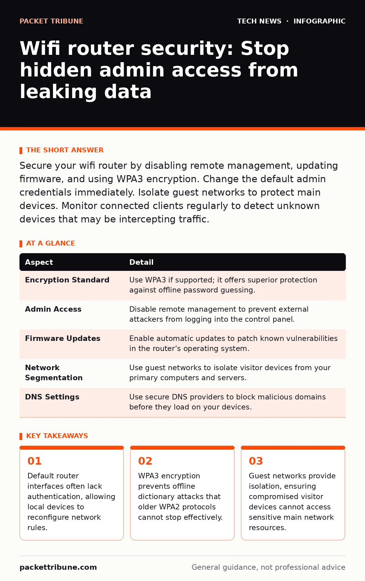 Infographic: Wifi router security: Stop hidden admin access from leaking data. Default router interfaces often lack authentication, allowing local devices to reconfigure network rules. WPA3 encryption prevents offline dictionary attacks that older WPA2 protocols cannot stop effectively. Guest networ