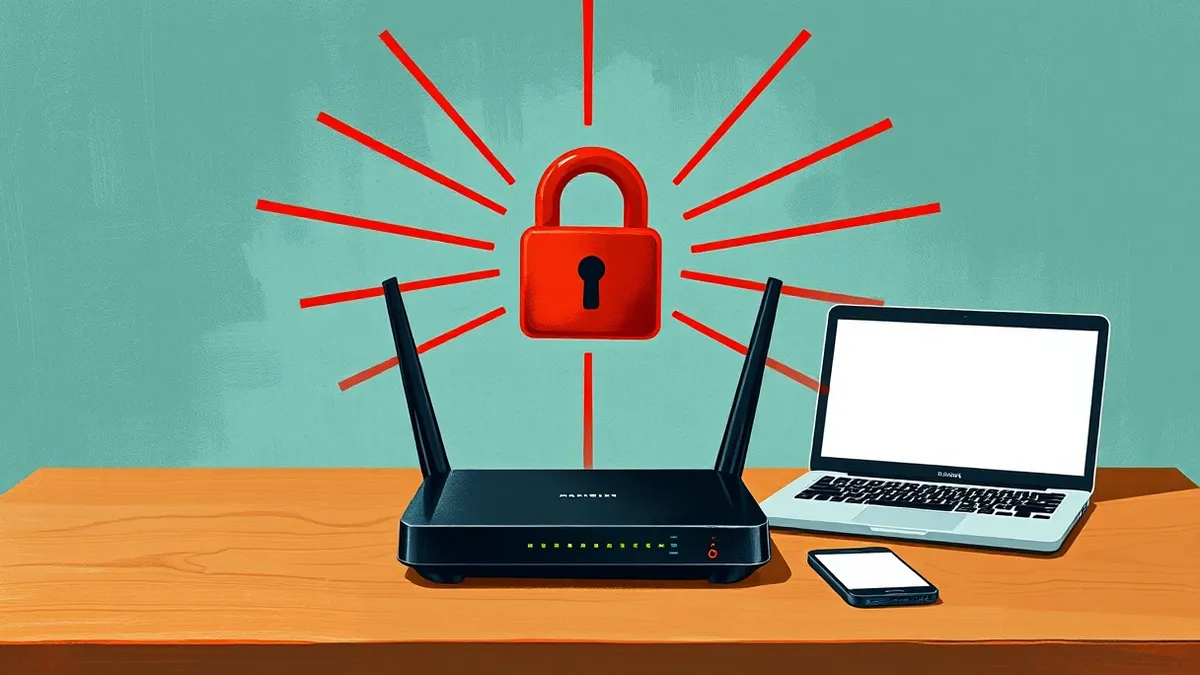 Illustration: A black home wifi router sits on a wooden table.
