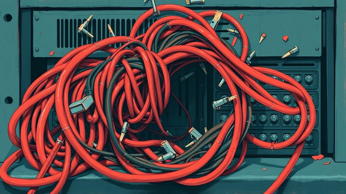 Illustration: A tangled mess of shredded red and black cables spills from a broken server chassis.
