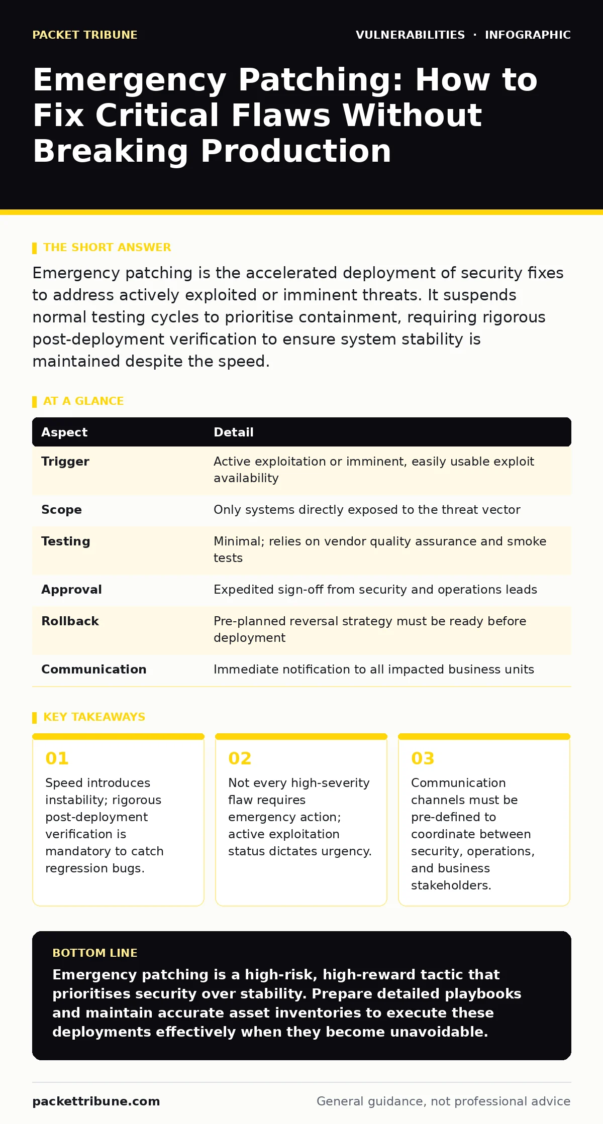 Infographic: Emergency Patching: How to Fix Critical Flaws Without Breaking Production. Speed introduces instability; rigorous post-deployment verification is mandatory to catch regression bugs. Not every high-severity flaw requires emergency action; active exploitation status dictates urgency. Comm