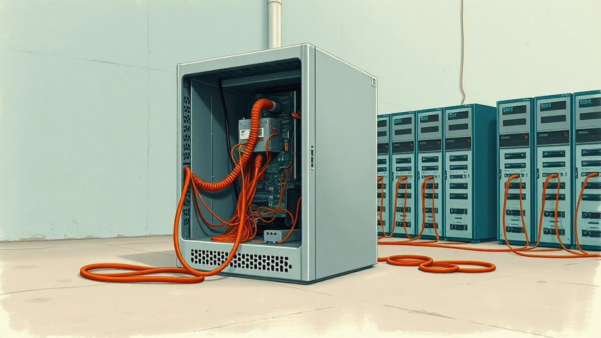 Illustration: A sleek silver server sits alone on a concrete floor, its side panel removed to reveal internal circuitry.
