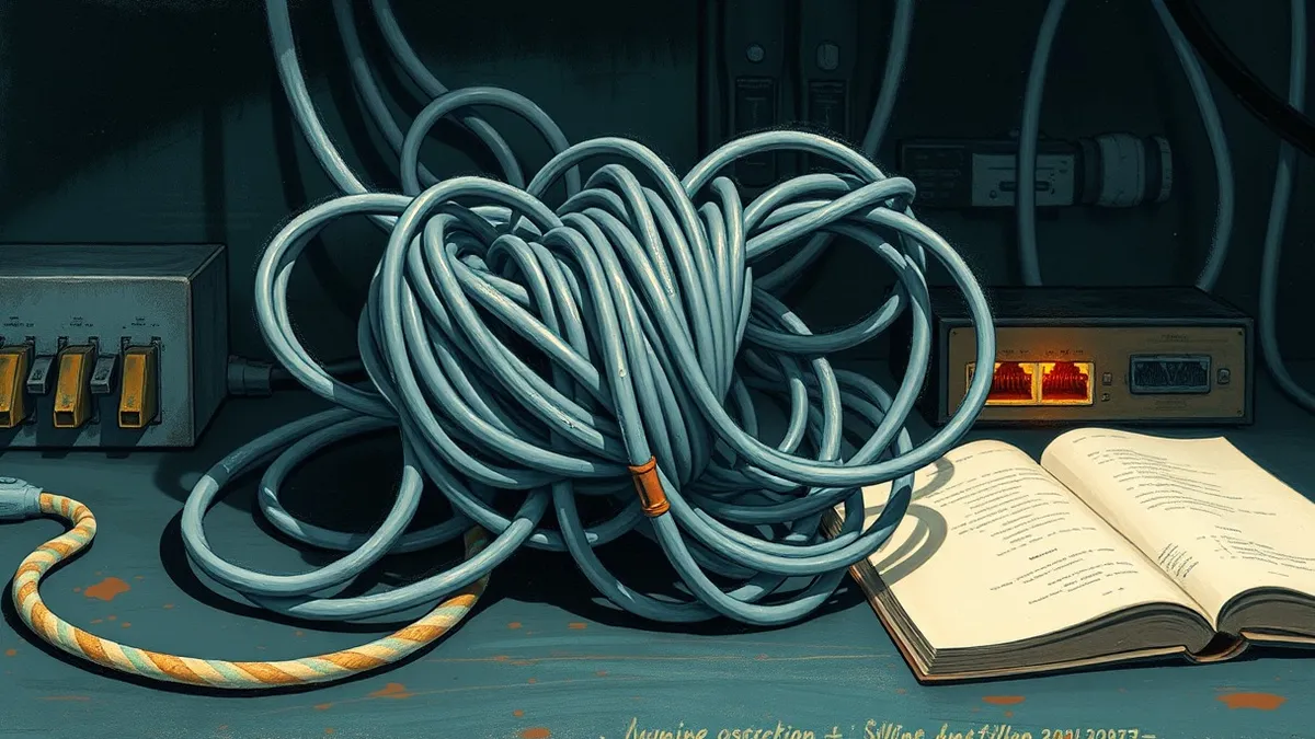 Illustration: A tangled knot of grey optical fiber cables sits on a dark workbench.