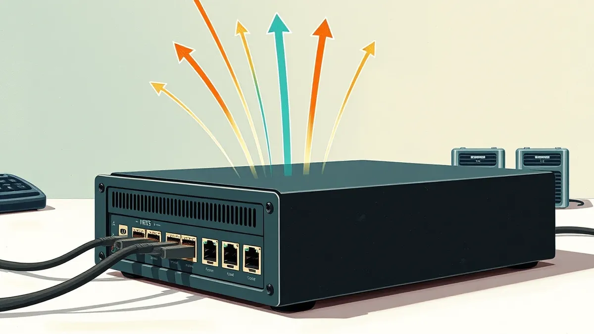 Illustration: A sleek black hardware box sits on a clean white desk with thick ethernet cables plugged into its rear ports.