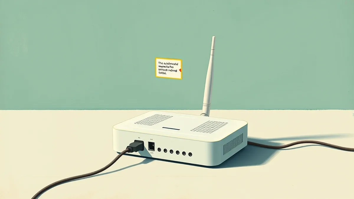 Illustration: A small white wireless router sits on a plain surface with its power cable plugged in.