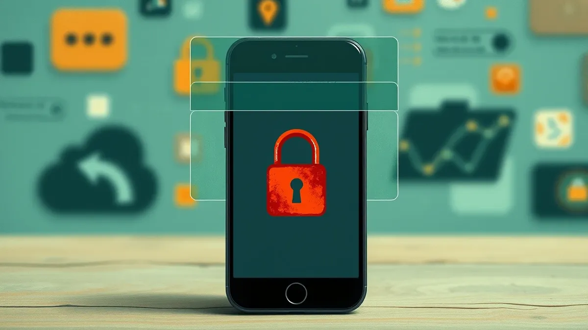 Illustration: A smartphone screen displays a bold red lock icon over a blurred background of abstract application shapes.