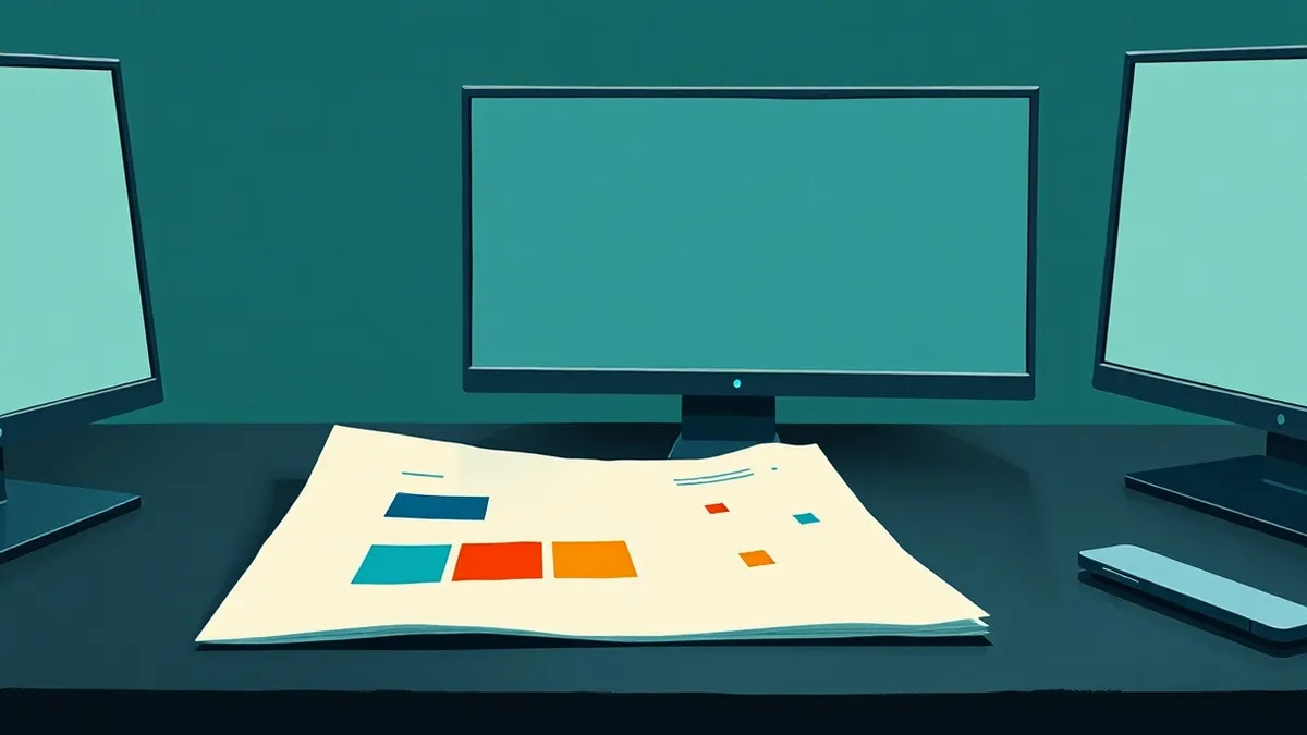 Illustration: A blank white paper report rests on a sleek dark desk, its surface marked with abstract geometric shapes and colored blocks representing data.